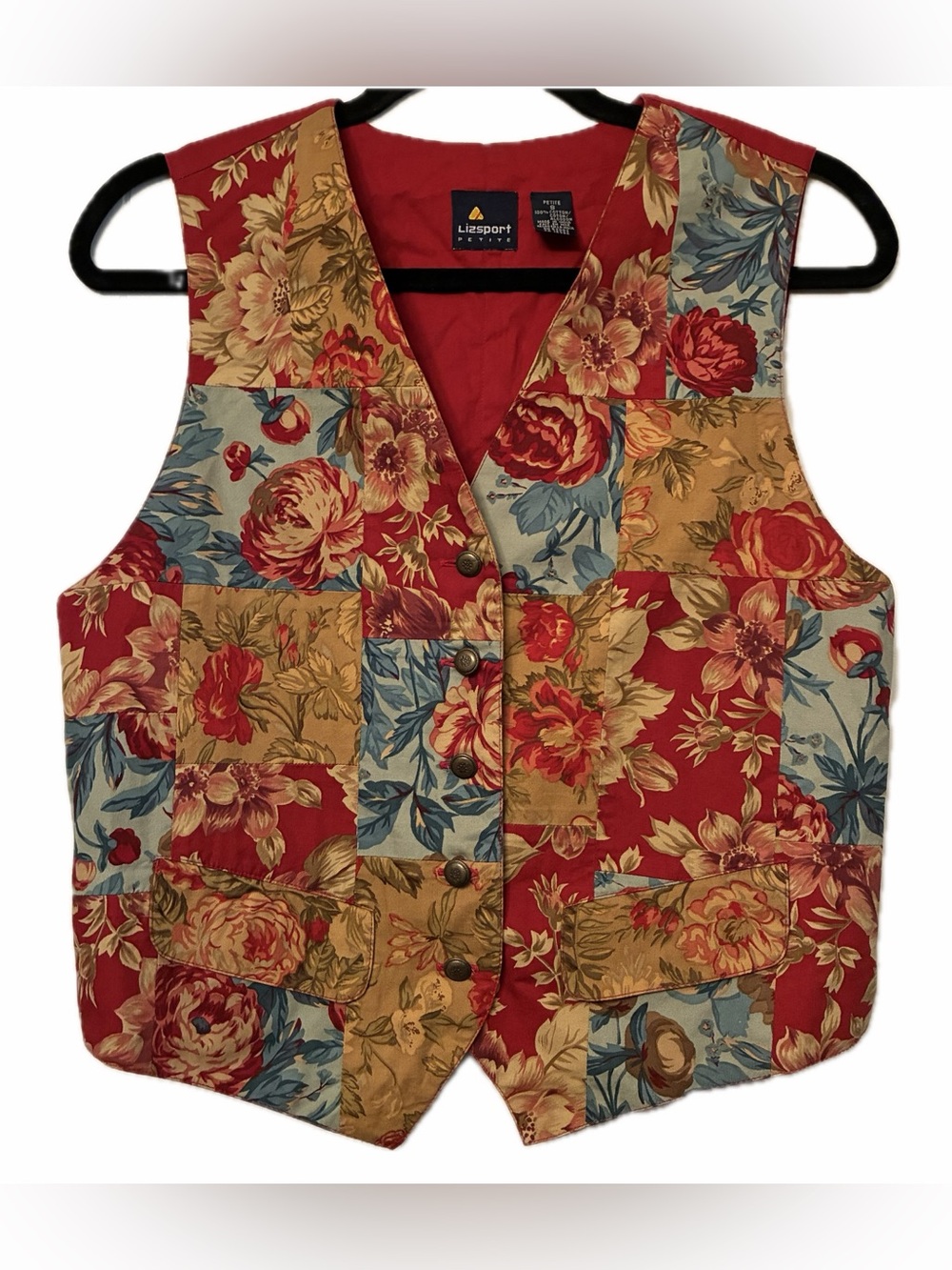 LIZ SPORT Vtg 90s Floral Patchwork Vest Sz S Petite Gramdmacore Boho Cottagecore - Picture 12 of 16